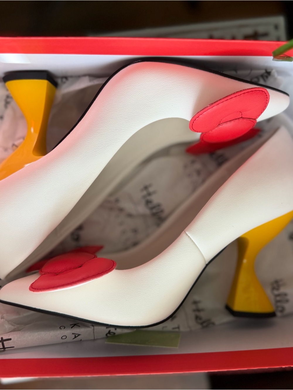 Katy Perry Collections White Pumps with Pink Heart Accent and Yellow Heel